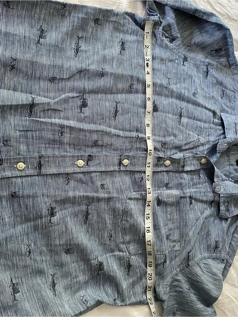 Banana Republic Shirt Mens L 100% Linen Slim Fit Button Blue Fish Print Long Slv